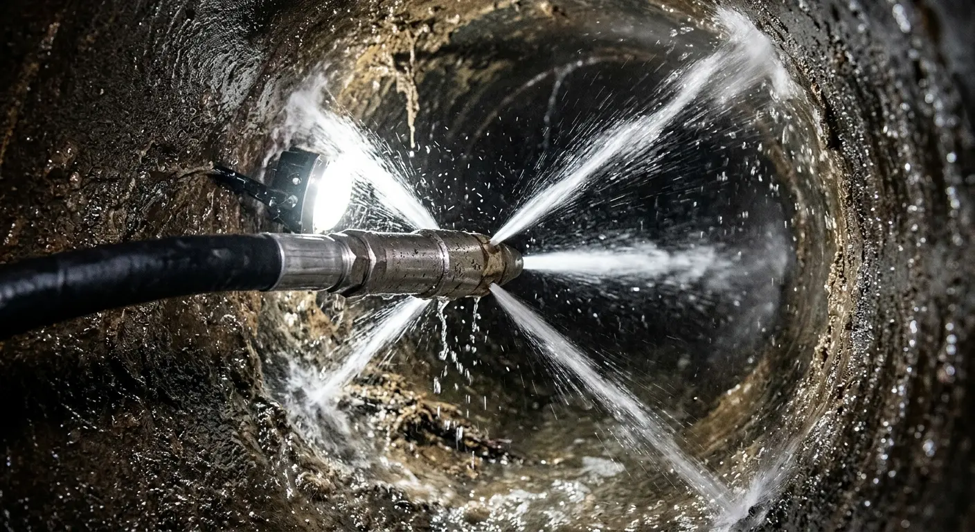 High-pressure hydro jetting nozzle cleaning sewer pipe for Sewer Cleanout in Manchester